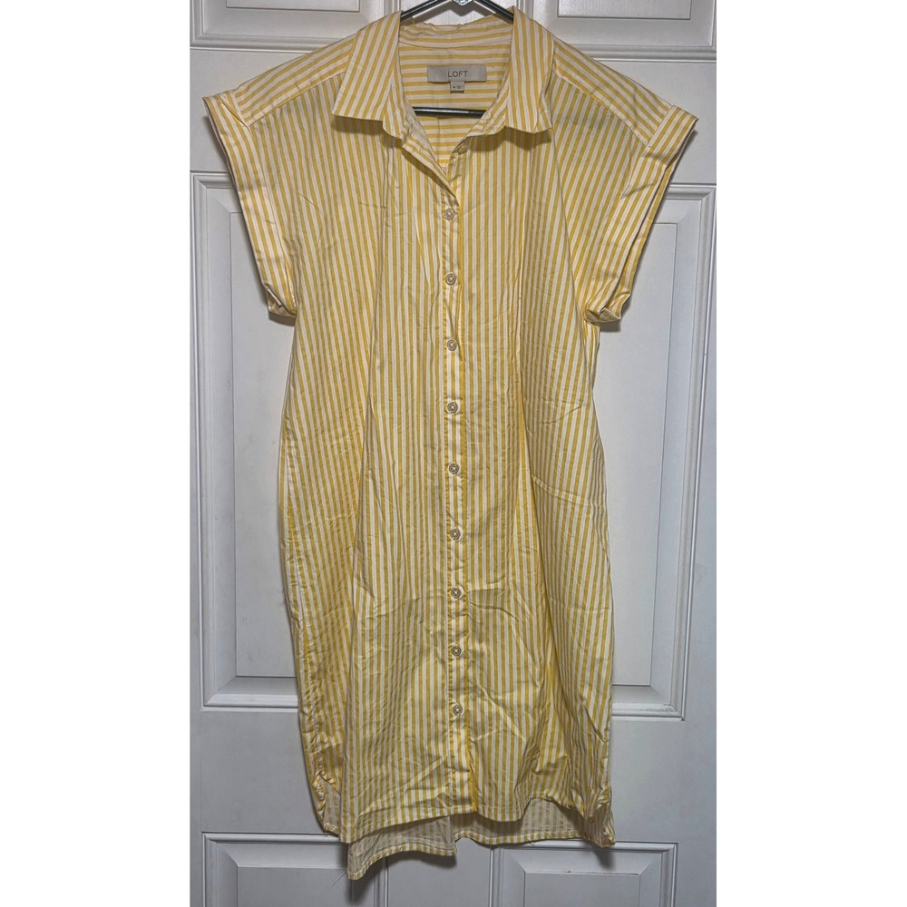 Loft Yellow White Striped Button Down Shirt Dress Short Sleeve Size 10